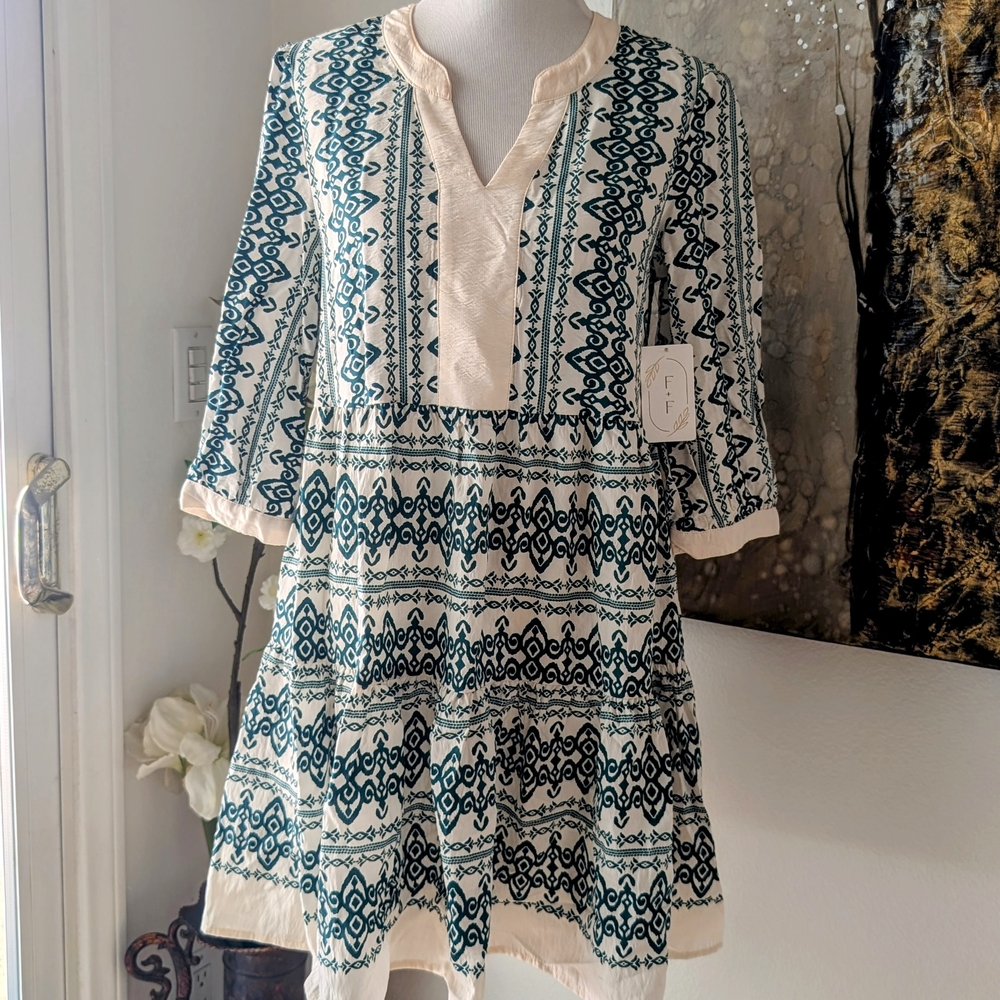 Fig and Flower Cream and Green Patterned Dress